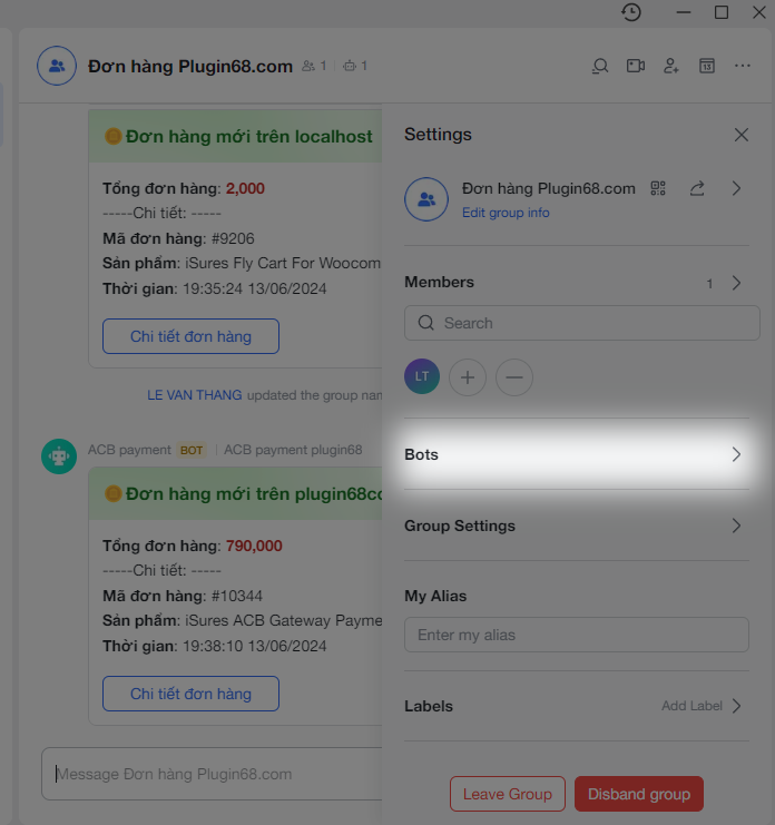 Thông báo đơn hàng mới qua Larksuite - Woocommerce 4 bot