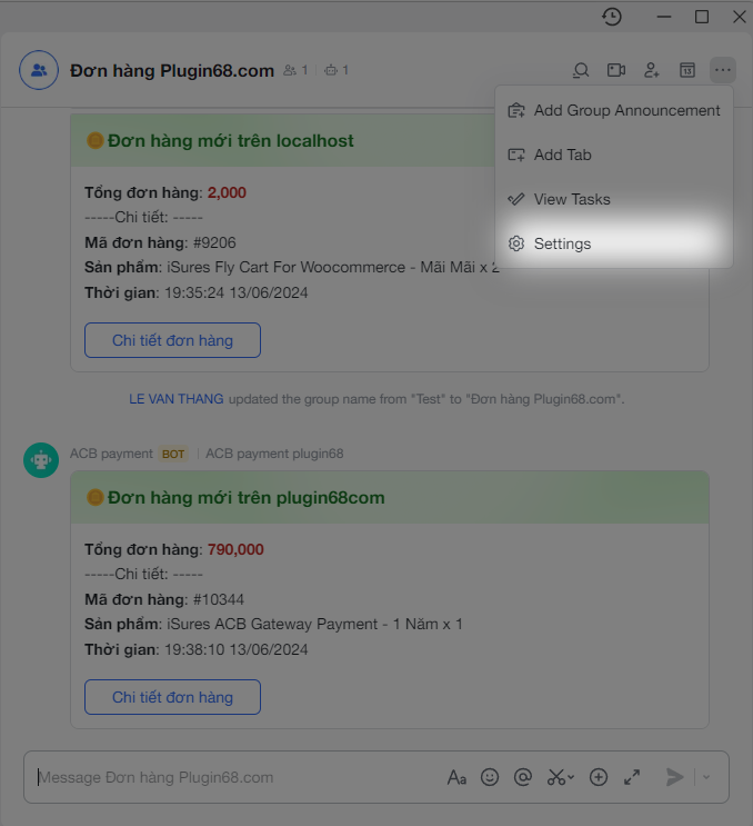 Thông báo đơn hàng mới qua Larksuite - Woocommerce 3 tao bot